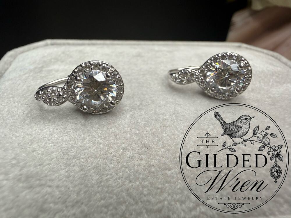 Sterling Silver 925 Halo Leverback Earrings 7mm Cubic Zirconia Bridal Gift